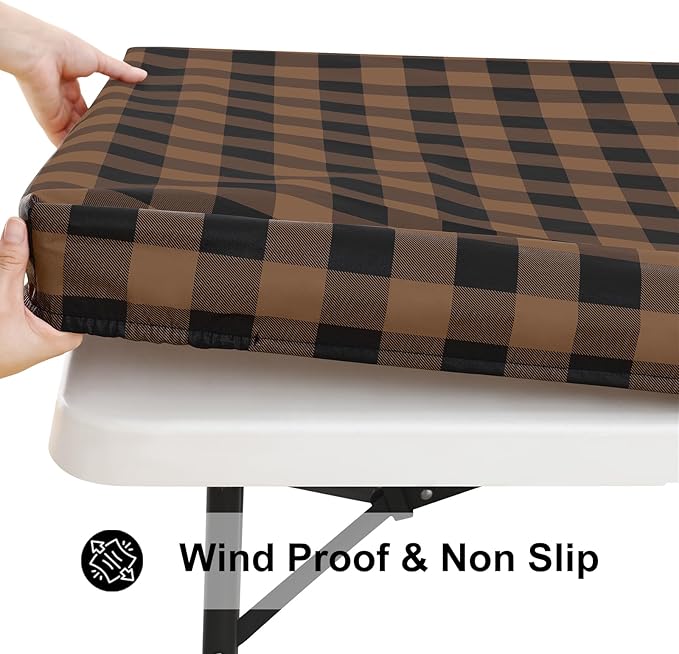 Smiry Rectangle Picnic Table Cloth, Elastic Waterproof Fitted Vinyl Tablecloths, Flannel Backed Buffalo Plaid Table Covers for Dining, Camping, Outdoor (Black and Brown, 30" x 72")