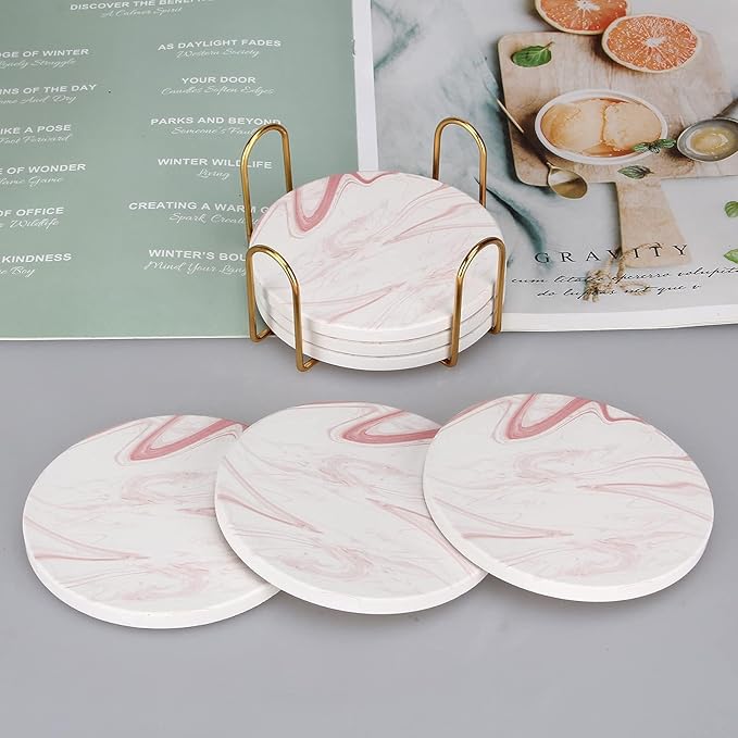 Cute Pink Marble Coasters Set of 6 Pack Stone Coffee Table Decor Absorbent Ceramic Cup Coaster with Holder Decorative Tea Bar Accessories Gift Kitchen Desk Coster Drink Modern Funny Aesthetic Coasters