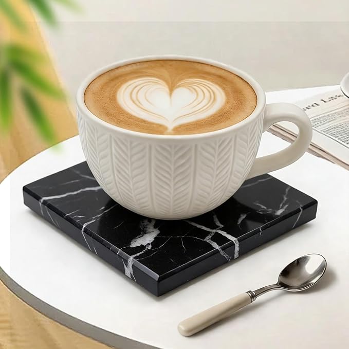 Natural Marble Coasters, Square Costers, Luxury Aesthetic Modern Decor for Coffee Table Bar Kitchen Home, Black Marble, Real Natural Semi Absorbent Stone Coasters