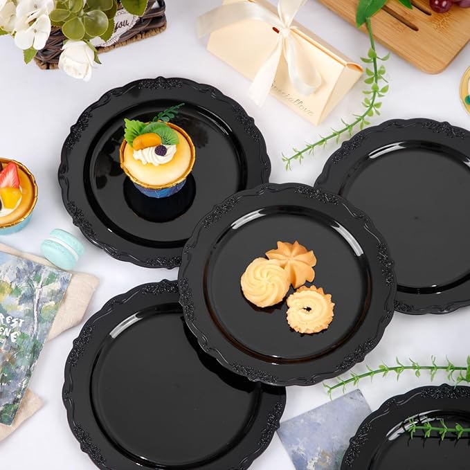DaYammi 36PCS Black Plastic Plates, Heavy Duty Black Disposable Plates Premium 7.5 inch Dessert Cake Salad Appetizer Platos Hard Plastic Platos Disposable for Party