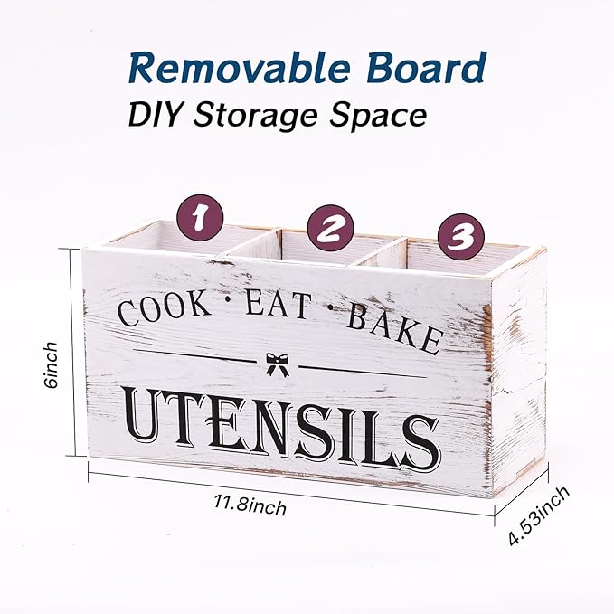 Kitchen Utensil Holder for Counter or Countertop, Extra Large Wood Organizer with 3 Compartments, Wooden Storage for Cooking and Silverware, Rustic Minimalist Decor, Sturdy Utensil Crock-White