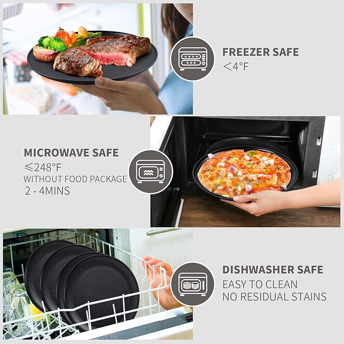 MISS BIG 10 inches Wheat Straw Plates,Plastic Plates Reusable Set of 4,Dinner Plates for Kids&Adults,Dishwasher & Microwave Safe,Eco-Friendly,BPA Free(Black)