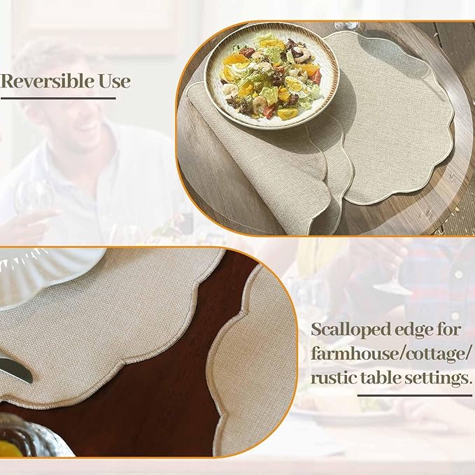 AHHFSMEI Round Faux Linen Placemats Set of 4 Waterproof Table Mats Heat Resistant Non-Slip and Stain Proof for Kitchen Dining Elegant Decor (Beige,4)