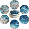 Ceramic Coasters Set of 6, Marble-Textured Design with Holder - Absorbent Cork-Backed Coasters for Cups, Bar & Coffee Table Decor Accessories (Blue Ocean, 6 Pack-Thin)