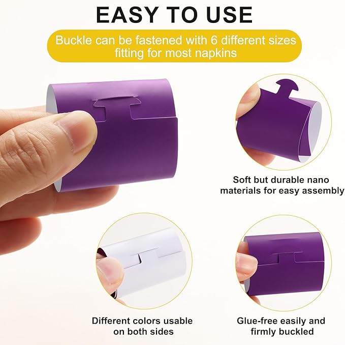 Christmas Napkin Rings Set of 100, 2 Colors in 1, Reusable Adjustable Napkin Bands for Holiday Parties, Wedding, Thanksgiving Table Decor, Waterproof Tear-Proof (Purple) Great Gift Idea