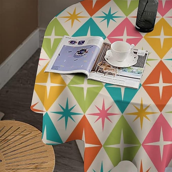 Abstract Geometric Round Tablecloth, Mid Century Retro Abstract Vintage Tablecloth for Home Party Dining Room Kitchen Decor 60Inch(152cm)