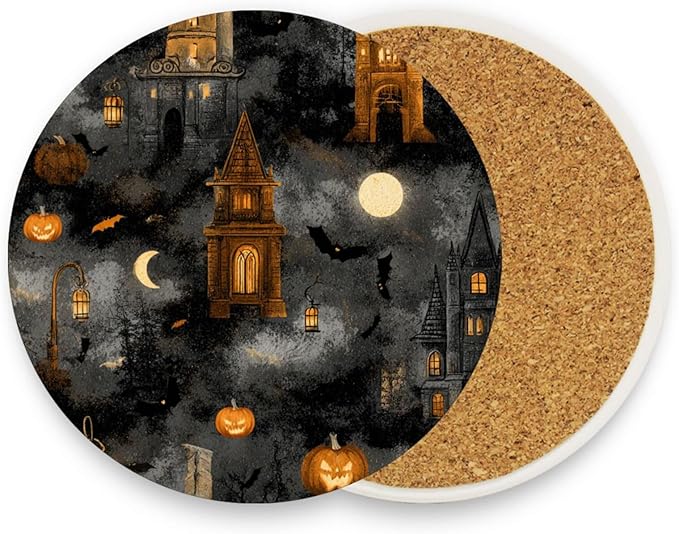Coasters for Drinks Coaster Drink Set Decorative Coffee Table Desk Cup Mat Spring Cute Cork Bar Backing Round Home Decor Grey Pumpkin and Castle Halloween43