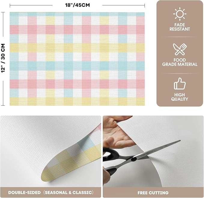 Artoid Mode Buffalo Plaid Vinyl Placemats Set of 4, 12x18 Inch Washable Non-Slip Heat Resistant Plastic Place Mats for Party Dining Table, Pink/Blue