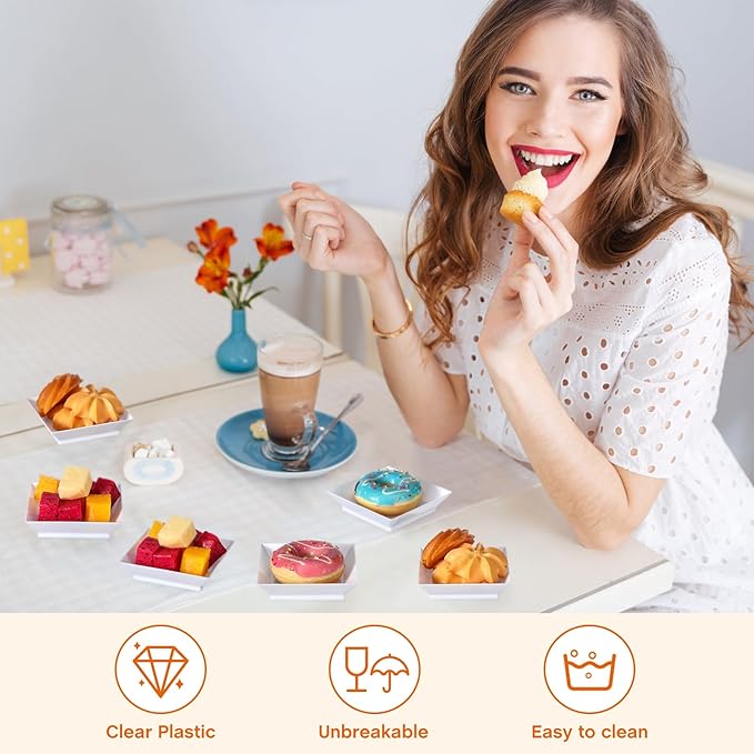 200 Pieces Mini Square Dessert Plates 2.5 x 2.5 Inch Disposable Appetizer Plates Small Clear Plastic Dish for Dessert Salad Appetizer Sauces Tastings Cake Wedding Party Serving (White)