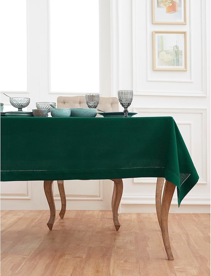 Solino Home Linen Tablecloth for Rectangle Tables 60 x 144 Inch - Classic Hemstitch 100% Pure Linen Rainforest Green Table Cloth - Machine Washable Cloth Tablecloth for Winter, St Patricks Day