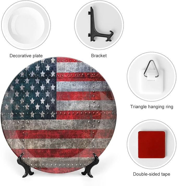 Ceramic Display Plate, American Flag Ceramic Hanging Decorative Plate, US Flag Plate, 8 Inch, Household Custom Ceramic Plate, Multicolor