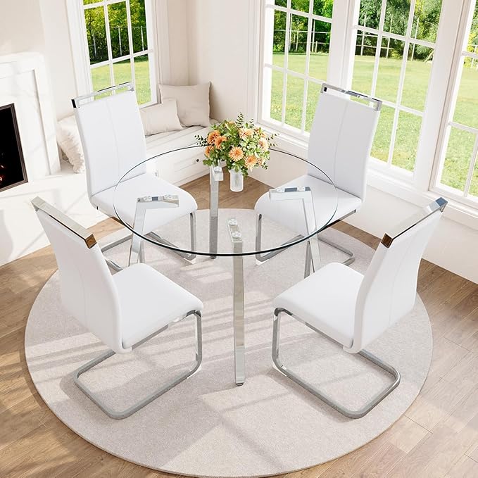 42" Round Glass Dining Table Set for 4,Modern Breakfast Table Set for 4 with Silver Chrome Legs,Space Saving Kitchen Table and White Chairs for Apartment,Easy Assembly