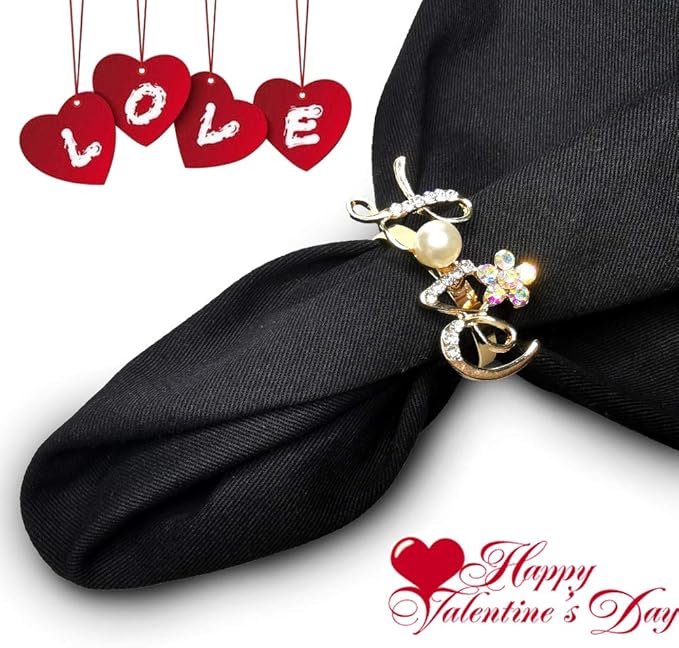 Valentine Gold Napkin Rings Set of 6, Love Letter Napkin Ring Holders, Diamond Napkin Buckles Holder Love for Valentine, Weddings, Thanksgiving, Parties Table Settings Decor