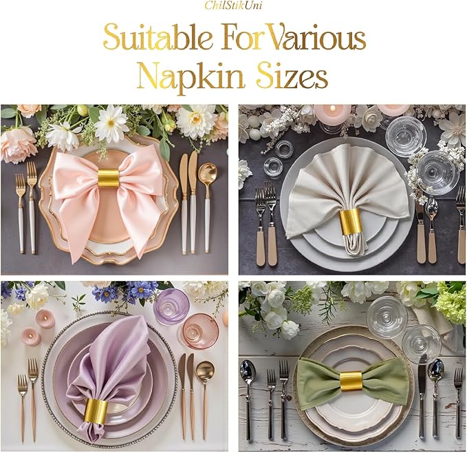 Christmas Napkin Rings Set of 50, 2 Colors in 1, Reusable Adjustable Napkin Bands for Holiday Parties, Wedding, Thanksgiving Table Decor, Waterproof Tear-Proof (Brushed Gold) Great Gift Idea