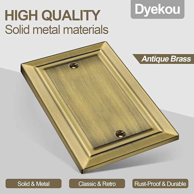 Metal Wall Plate for Electrical Outlets, Decorative Antique Brass Switch Plates Outlet Cover, Light Switch Cover Plate, 1-Gang Wall Plates (Single blank, 4 Pack)