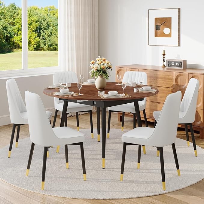 53” Round Dining Table Set for 6｜7 Piece Wood Dining Table Set｜Extendable Dining Room Table with 6 Chairs｜Walnut Wooden Tabletop with Metal Legs｜Easy Assembly｜Space Saving｜for Kitchen, Living Room