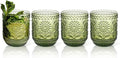 Topsky Vintage Drinking Glass Set of 4,12 oz Embossed Floral Drinkware Set,Green Drinking Glasses Cups Wine Glasses Colored Glassware for Whisky,Beer,Juice,Cocktail,Heavy Duty