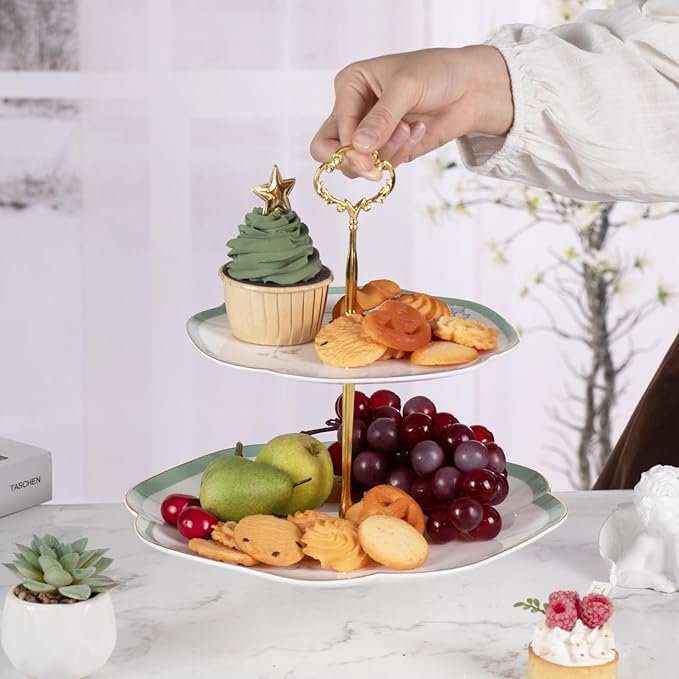 KAMMAK 2-Tier Porcelain Cupcake Stand Serving Tray, Dessert Plates Cake Fruit Candy Display Tower, Reusable Pastry Platter for Wedding Birthday Baby Shower Tea Party Decorations (Reed Green)