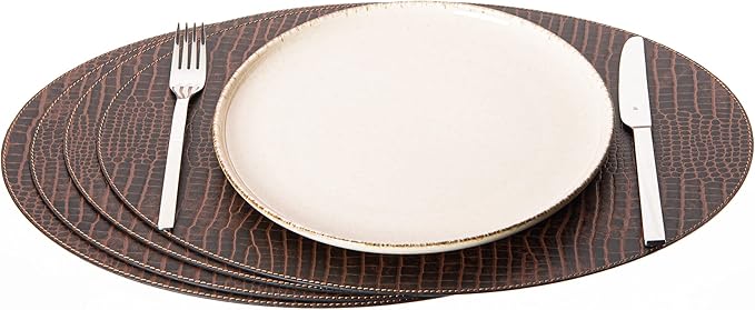Nikalaz Oval Placemats Set (Pack of 4) Recycled Leather Table Mats 18 x 13 inches (45.7 x 33 centimetres), Kitchen Dining Table Decor by Nikalaz (Crocodile)