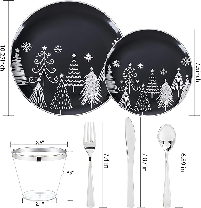 KIRE 150PCS Christmas Plates Disposable & Dinnerware Set for 25 Guests - Black & Silver Plates, Plastic Silverware & Cups With Silver Rim for Christmas/New Year