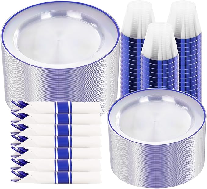 SUT 350 Pcs Blue and Clear Plastic Dinnerware Set for 50 Guests, Include: 50 Dinner Plates, 50 Dessert Plates, 50 Pre Rolled Napkins With Silverware, 50 Cups, Disposable Plates for Party, Wedding