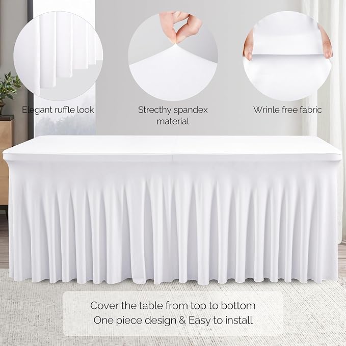 Wish Care 2 Pack White Spandex Table Clothes for 8 Foot Rectangle Tables, 8FT Wrinkle Free Fitted Tablecloths Ruffles Design Table Cover for Party, Banquet, Wedding and Events