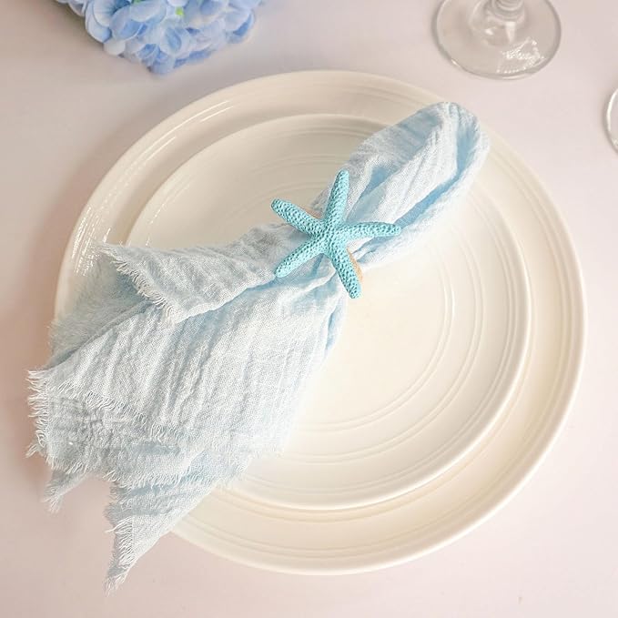 Starfish Napkin Rings Set of 6, Blue Sea Star Napkin Ring Holders for Crafts, Beach, Dinner Party, Wedding, Theme Party, Banquet, Nautical, Coastal Table Decor