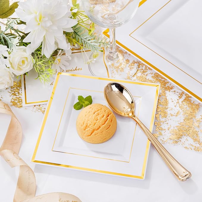 Liacere 100PCS White and Gold Square Plastic Plates-50PCS Heavy Duty 9.5inch White Dinner Plates and 50PCS 6inch White Dessert Plates - Gold Plastic Plates for Party & Christmas & New Year