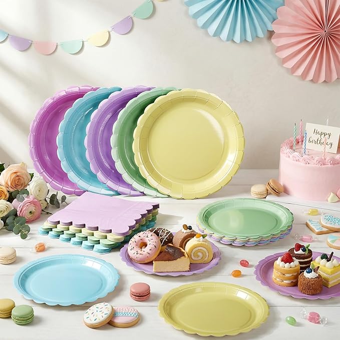 110 Pcs Pastel Party Supplies Plates and Napkins Tableware Set Serve 25 Guests Includes Scalloped 9" Paper Plates 7" Dessert Dinner Plate Colorful Napkins for Birthday Wedding Baby Shower