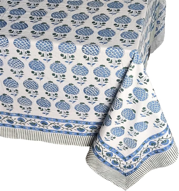 ATOSII Roma Blue 100% Cotton Boho Rectangle Fall Tablecloth, Handblock Floral Print Table Cloth Linen for Kitchen Dining I Parties, Outdoors, Weddings, Christmas, Thanksgiving Decor 60 X 108 Inches