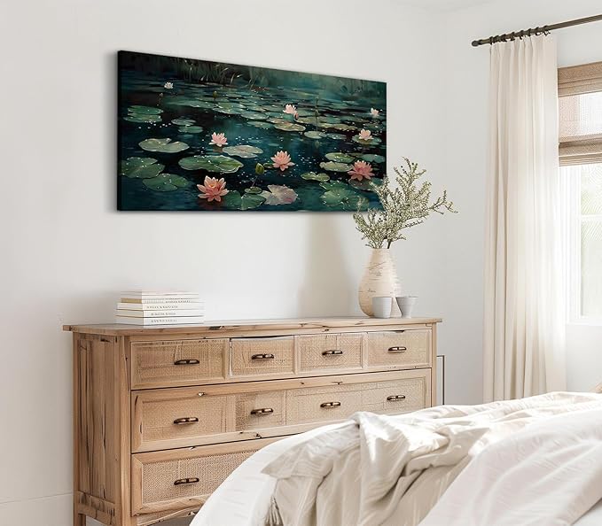 ADJUVANT Wall Art Impressionist Water Lily Pond 60" L x 30" W, Pink Lotus Flowers on Dark Blue Water Canvas Painting Nature Artwork Prints Wall Decor for Living Room Bedroom Bathroom Home Office