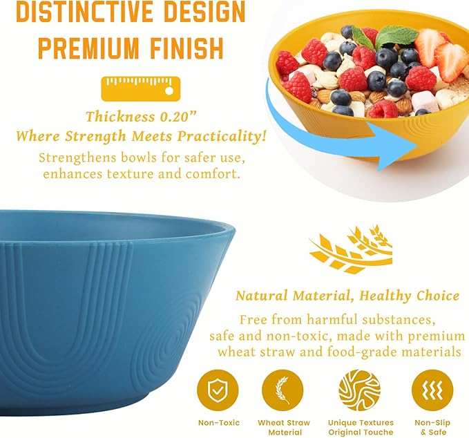 Homienly Unbreakable Cereal Bowls, Wheat Straw Bowl with Textured, 36oz Microwave Safe Plastic Bowls for Kitchen, Party, Large Soup Bowls for Popcorn, Ramen, Salad, Dishwasher Safe (Multi,6 PCS)