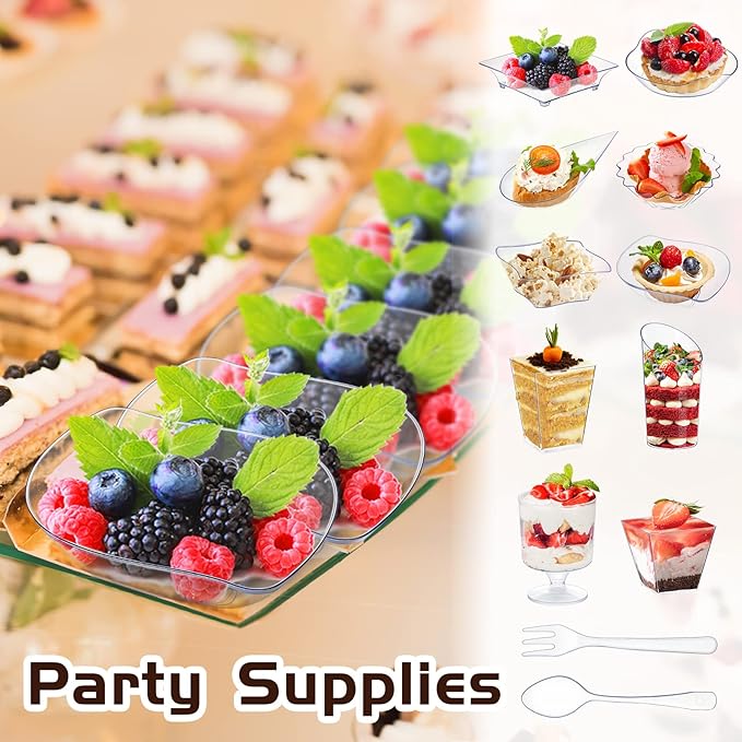 Tessco for you 1600 Pcs Mini Appetizer Plates Dessert Cups with Spoons Forks Set Assorted Shape Plastic Parfait Cups Dessert Plates Container Bowls with Disposable Spoon Fork for Party (Clear)