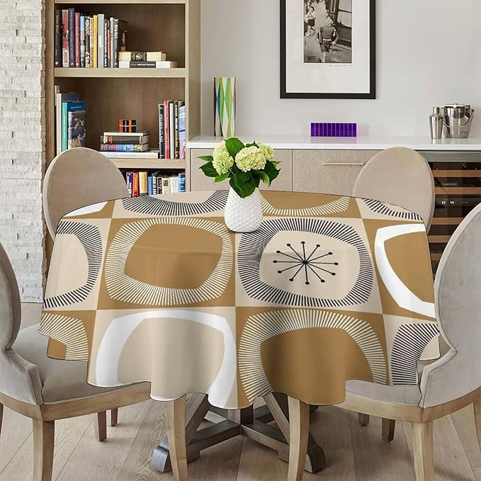 Mid Century Round Tablecloth, Retro Geometric Colorful Squares Abstract Boho Vintage 50s 60s Tablecloth for Home Party Dining Room Kitchen Decor 70Inch(178cm)