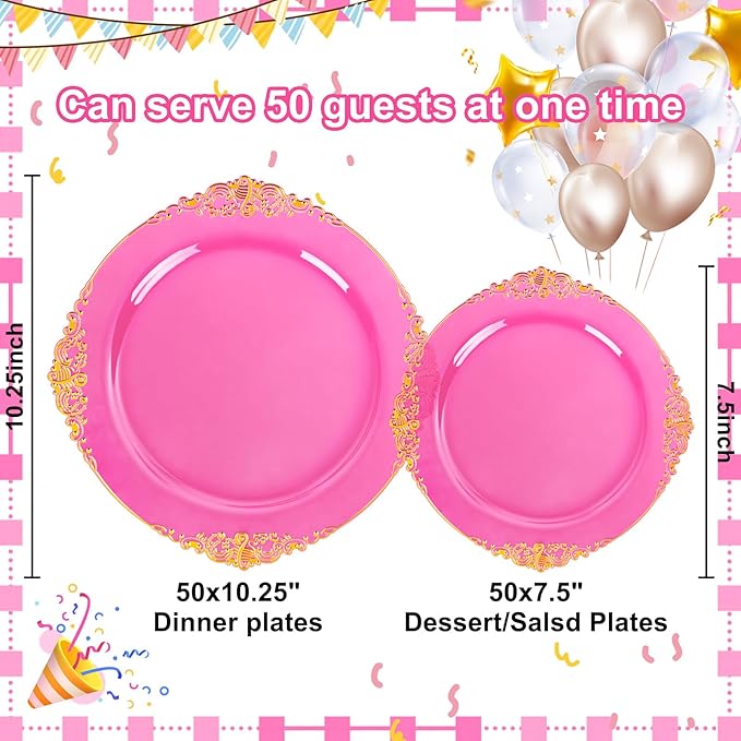 102PCS Clear Hot Pink Plastic Plates - Pink Disposable Plate with Gold Rim - Hot Pink Party Plates Include 51PCS 7.5inch Dessert & 10.25inch Dinner Plate for Wedding Birthday Valentine's Day