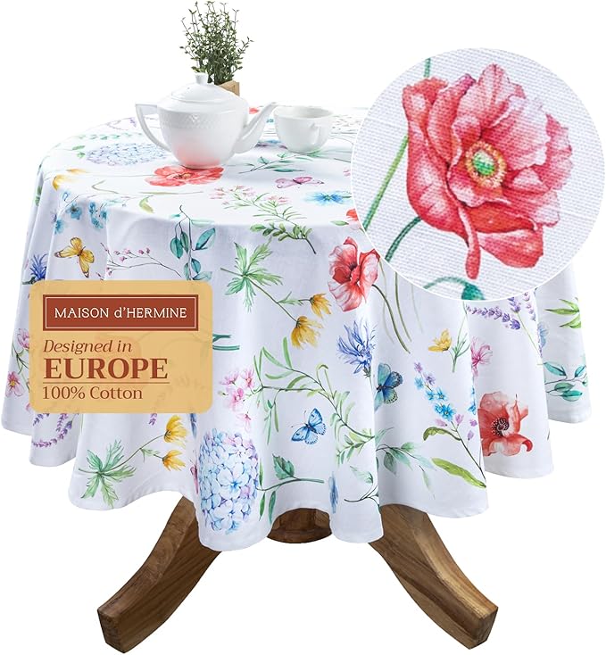 Maison d' Hermine Table Cloth Round Table 100% Cotton 63 Round Inches Tablecloth Reusable Decorative for Dining Room Farmhouse Home Valentines Day Decorations Spring Summer - Just Floral