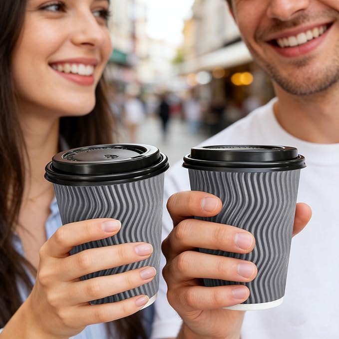 500 Pack 12 oz Coffee Cups with Lids, Disposable Insulated Hot Cups To Go Paper Coffee Cups, Corrugated Ripple Wall Cup for Hot Drink, Office, Coffee Bar (Grey 12 oz)