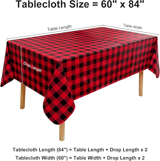 misaya Rectangle Waterproof Vinyl Table Cloth, Buffalo Flannel Backed Tablecloth, Wipeable Plastic Table Cover for Christmas (60" x 84", Red and Black)
