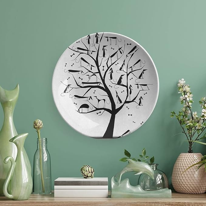 Ceramic Plates, Abstract Decorative Ceramic Plates, Monochrome Autumn Season Tree with Dog on The Branches, 7 Inch, Household Plates Decorative, Black and White