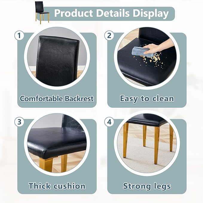 Dining Chairs Set of 4,Faux Leather with Gold Metal Legs,Armless Kitchen Room Chairs Set of 4,Max Load 300 Lbs,High Back Modern Design for Home Kitchen Living Room Bedroom