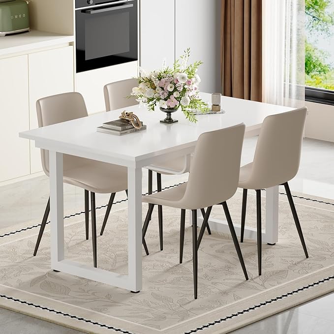 Extendable Dining Table Set for 4, 55"–71" Modern White Kitchen Table with 4 Upholstered Chairs, Space-Saving for Living Room Apartment, Sturdy & Comfortable, Easy Assembly