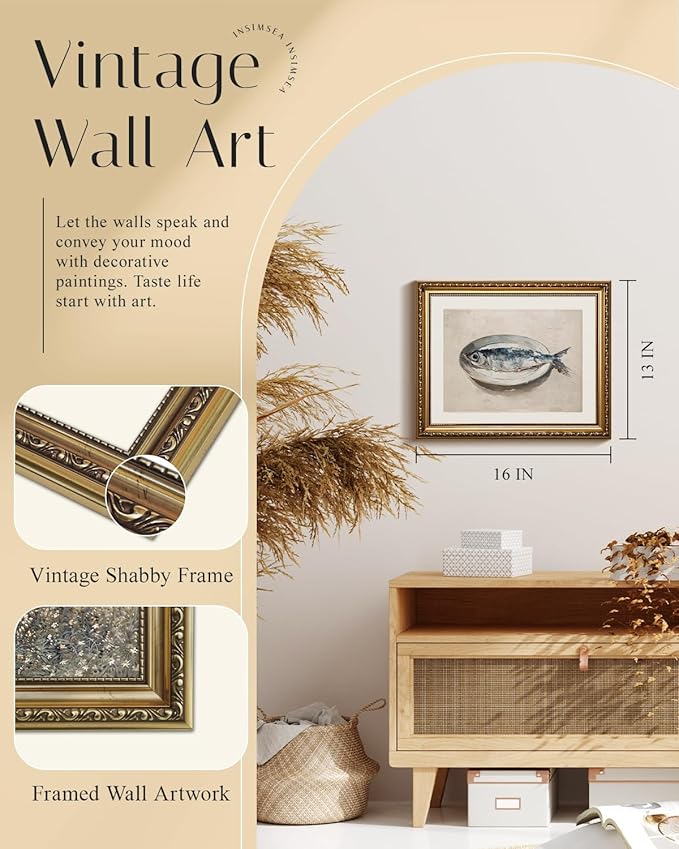 InSimSea Gold Framed Wall Art, Kitchen Dining Room Vintage Sardine on the Plate Wall Decor, Still Life Canvas Print Art, Home Farmhouse Decor, Antique Paintings with Picture Frame 13x16inch