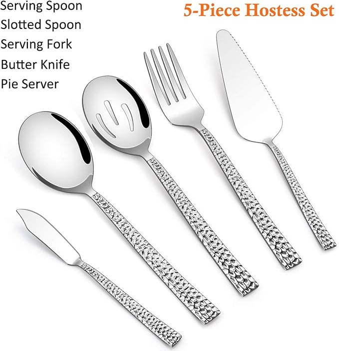 E-far Hammered Serving Utensils, 5-Piece Stainless Steel Square Hostess Serving Set for Buffet Party Kitchen Restaurant, Mirror Finished & Dishwasher Safe