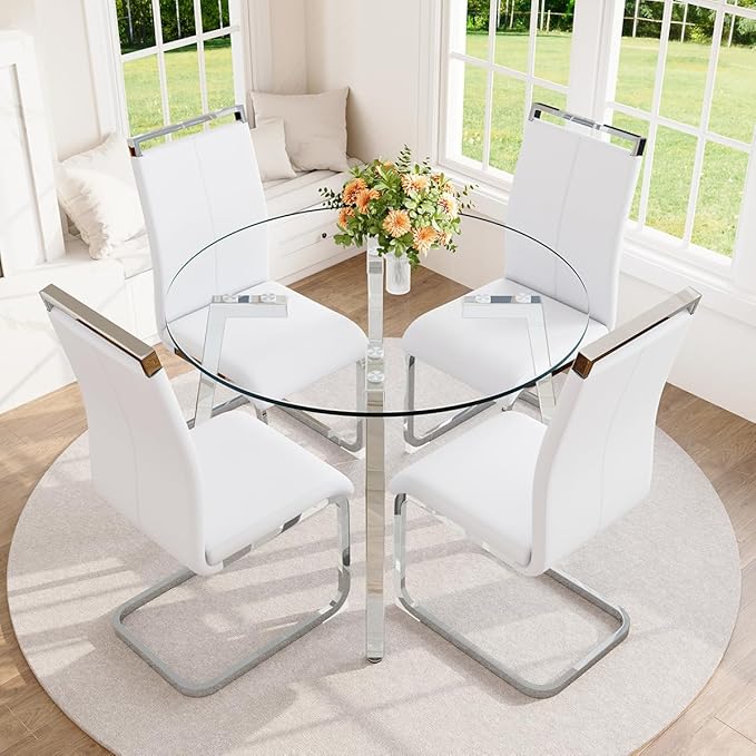 42" Round Glass Dining Table Set for 4,Modern Breakfast Table Set for 4 with Silver Chrome Legs,Space Saving Kitchen Table and White Chairs for Apartment,Easy Assembly