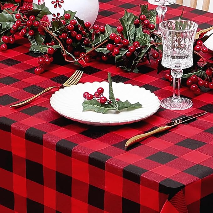 misaya Rectangle Waterproof Vinyl Table Cloth, Buffalo Flannel Backed Tablecloth, Wipeable Plastic Table Cover for Christmas (52" x 70", Red and Black)