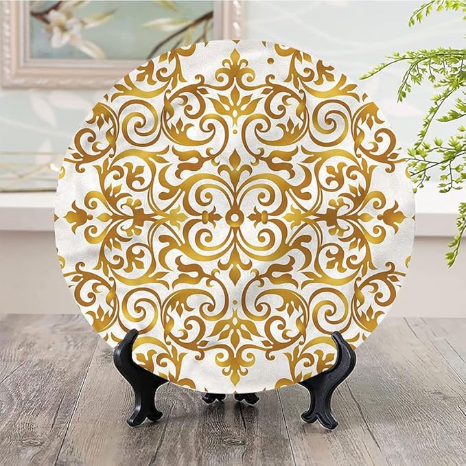 Decorative Plates, Victorian Print Ornament, Victorian Lace Floral, 6 Inch, 1 Plate with 1 Display Stand, Golden