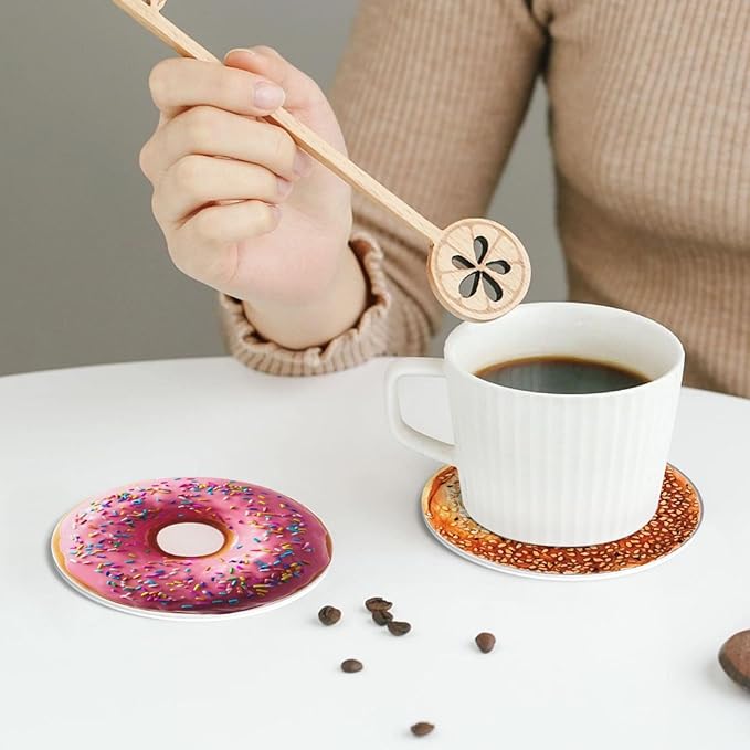 Donuts Coasters for Drinks with Holder Round Leather Coasters Set of 6 Cups Mugs Mat Pad for Home Kitchen Bar