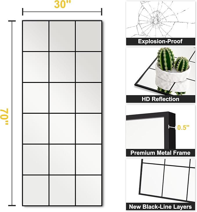 Large Window Pane Full Length Mirror for Wall, 70"x30" Oversize Black Full Body Wall Mirror for Living Room, Bedroom, Entryway, Hanging or Leaning