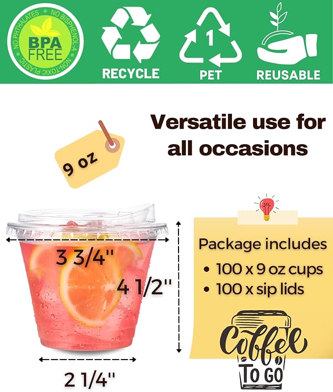 100 Pack 9 oz Clear Plastic Cups with Strawless-Sip-Lids, Disposable Cups Plastic Iced Coffee Cups, To Go Cups with Sip Through Lids for Smoothie, Milkshake, Cold Drinks for Party, Wedding, Event