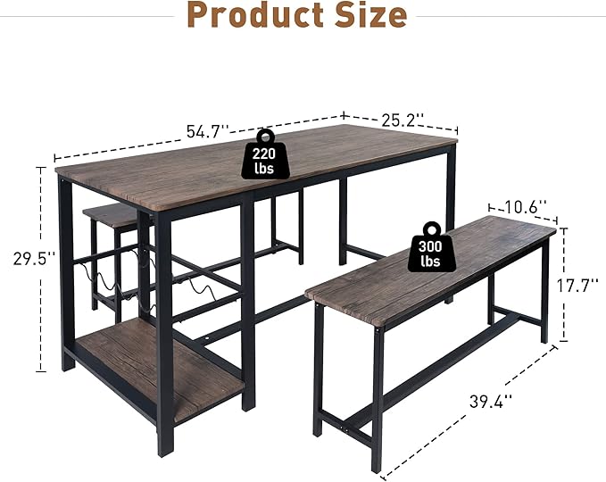 3 Piece Rustic Brown Rectangular Dining Table Set with Bench, 55''L x 25.2''W, Mid Century Modern Dining Set for Small Spaces, Compact with Storage Shelf Rack, Wine Rack